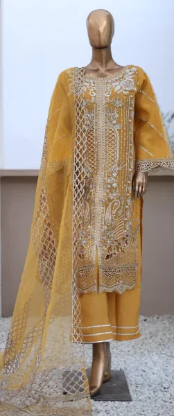 Pakistani Original Nau Bahar Luxury Organza Stitched 3Pcs _ Mustard  Yellow 