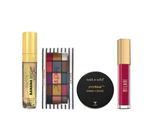 Technic Banana Bright Lowlighter 8ml & Eyeshadow Palette - Vacay & Wet n Wild Powder 521B- Banana & Milani Lip Creme - 15 Gorgeous Combo