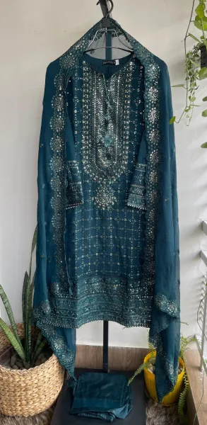 Pakistani Original Sadabahar Luxury Chiffon Stitched 3Pcs _ Sea Green 