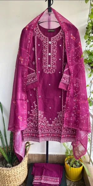  Pakistani Original Hayat's Cotton Embroidered Stitched 3pcs _ Jam Purple 