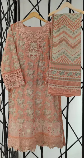 Pakistani Orginal Sadabahar Cutwork Embroidered Lawn 3Pc _ Peach Coral 