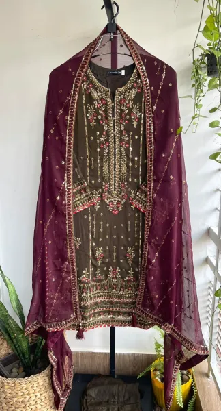 Pakistani Original Sadabahar Luxury Chiffon Stitched 3Pcs _ Dark Olive 