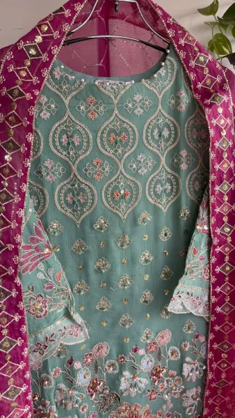 Pakistani Stitched Luxury Chiffon Embroidered Fancy 3Pcs _ Aqua Green