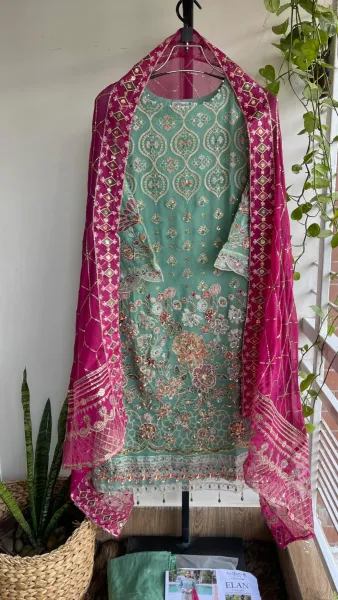 Pakistani Stitched Luxury Chiffon Embroidered Fancy 3Pcs _ Aqua Green