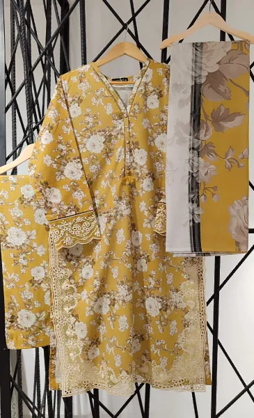 Pakistani Original Sadabahar Khaddar Stitched 3Pcs_ Mastard Yellow 