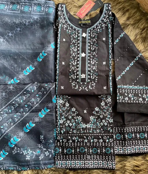 Pakistani Original Hayat's Cotton Embroidered Stitched 3pcs _ Black 