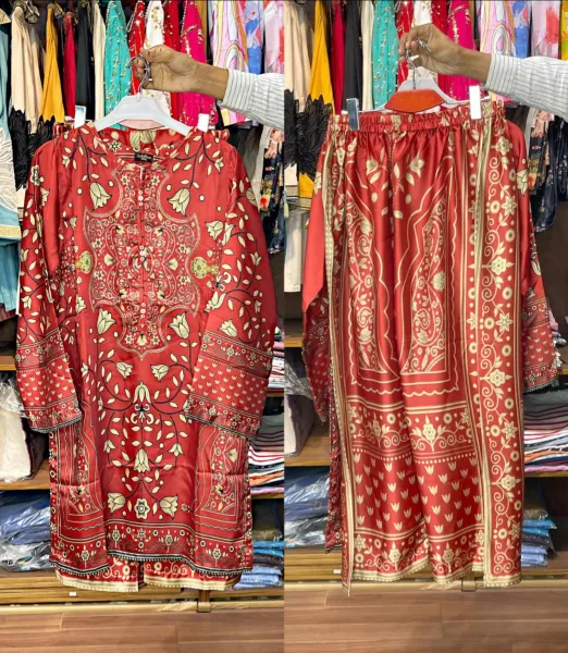Pakistani Original Stitched Silk Co-ords 2 Pcs _ Rust 